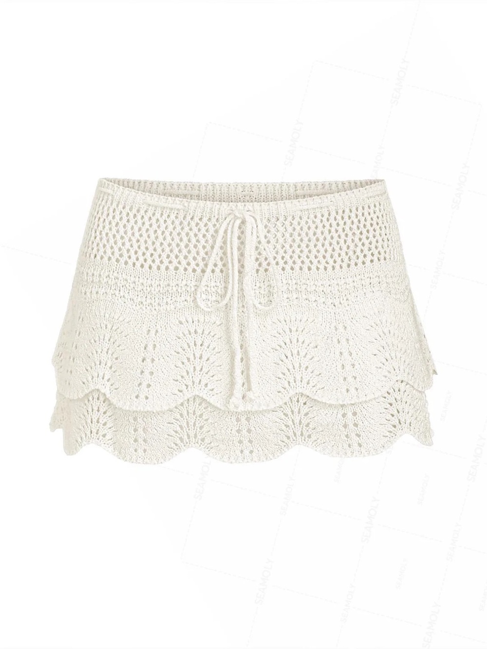 SEAMOLLY Crochet Drawstring Scallop Mini Skirt in White